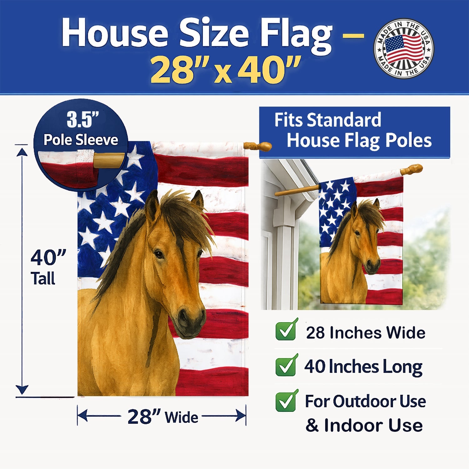 Dun Icelandic Horse American House Flag 28x40 Porch Sleeve Pole Decorative Outside Yard Banner Artwork Wall Hanging, Polyester