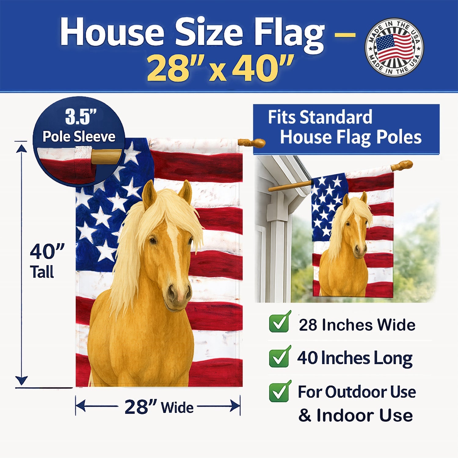 Palomino Icelandic Horse American House Flag 28x40 Porch Sleeve Pole Decorative Outside Yard Banner Artwork Wall Hanging, Polyester