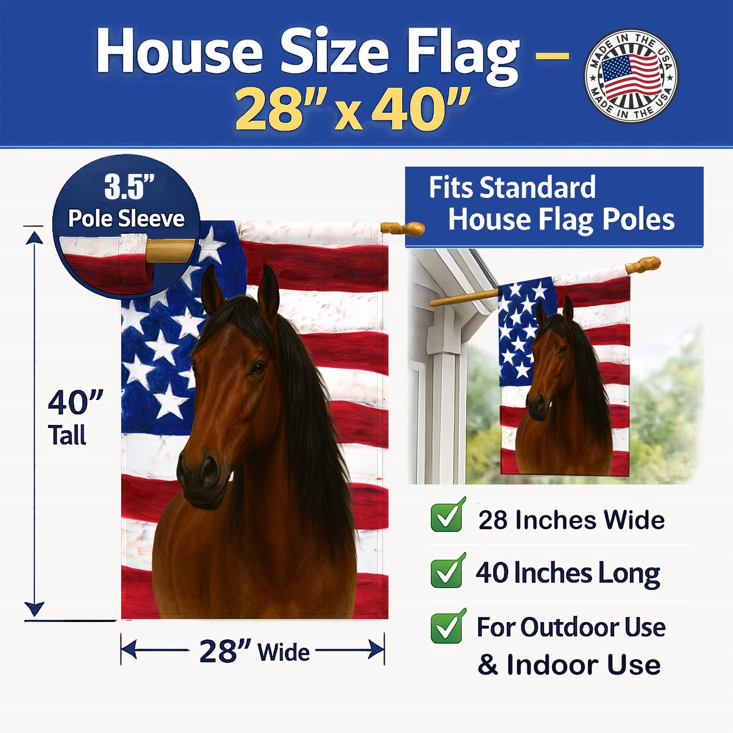 Bay Missouri Fox Trotter Horse American House Flag 28x40 Porch Sleeve Pole Decorative Outside Yard Banner Artwork Wall Hanging, Polyester