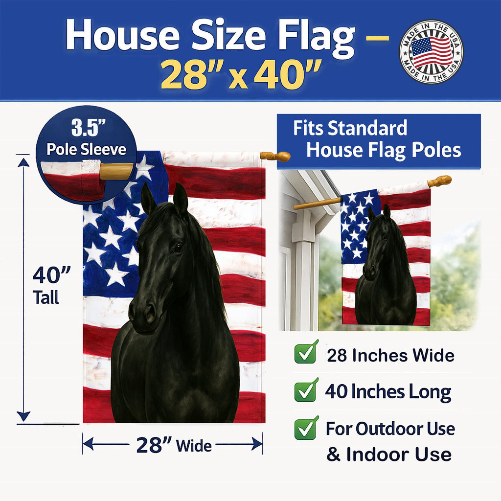 Black Missouri Fox Trotter Horse American House Flag 28x40 Porch Sleeve Pole Decorative Outside Yard Banner Artwork Wall Hanging, Polyester
