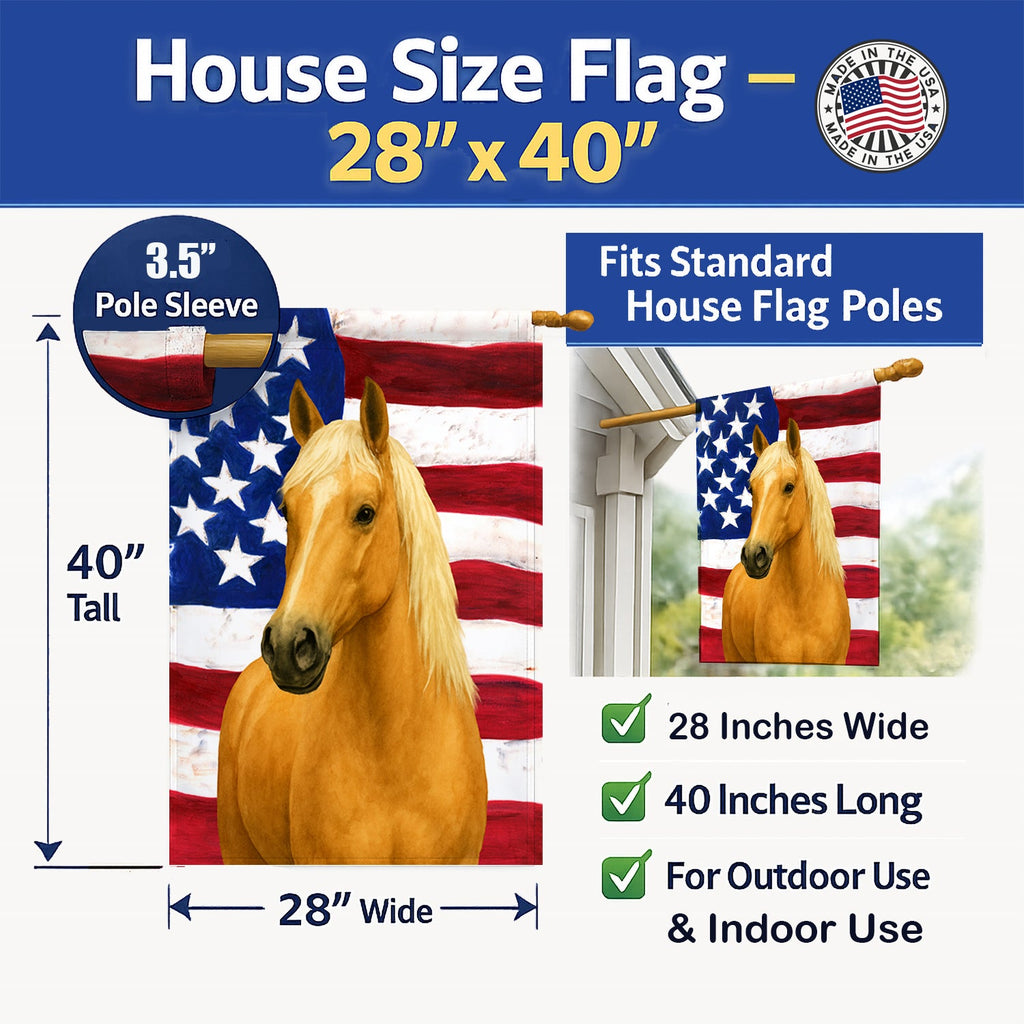 Palomino Missouri Fox Trotter Horse American House Flag 28x40 Porch Sleeve Pole Decorative Outside Yard Banner Artwork Wall Hanging, Polyester