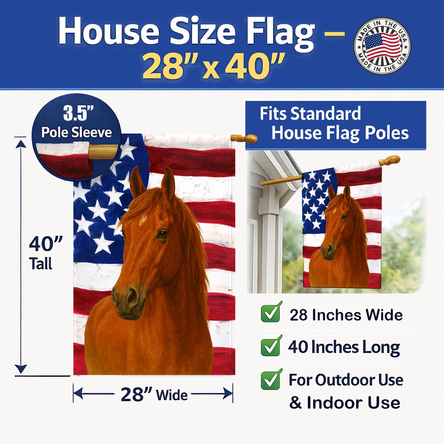 Sorrel Missouri Fox Trotter Horse American House Flag 28x40 Porch Sleeve Pole Decorative Outside Yard Banner Artwork Wall Hanging, Polyester