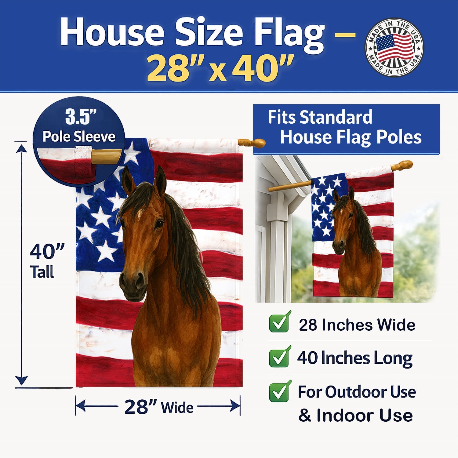 Bay Morgan Horse American House Flag 28x40 Porch Sleeve Pole Decorative Outside Yard Banner Artwork Wall Hanging, Polyester