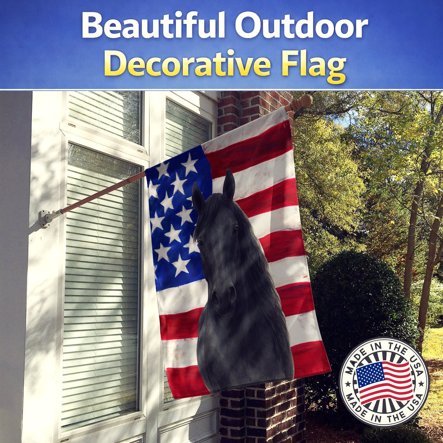 Black Morgan Horse American House Flag 28x40 Porch Sleeve Pole Decorative Outside Yard Banner Artwork Wall Hanging, Polyester
