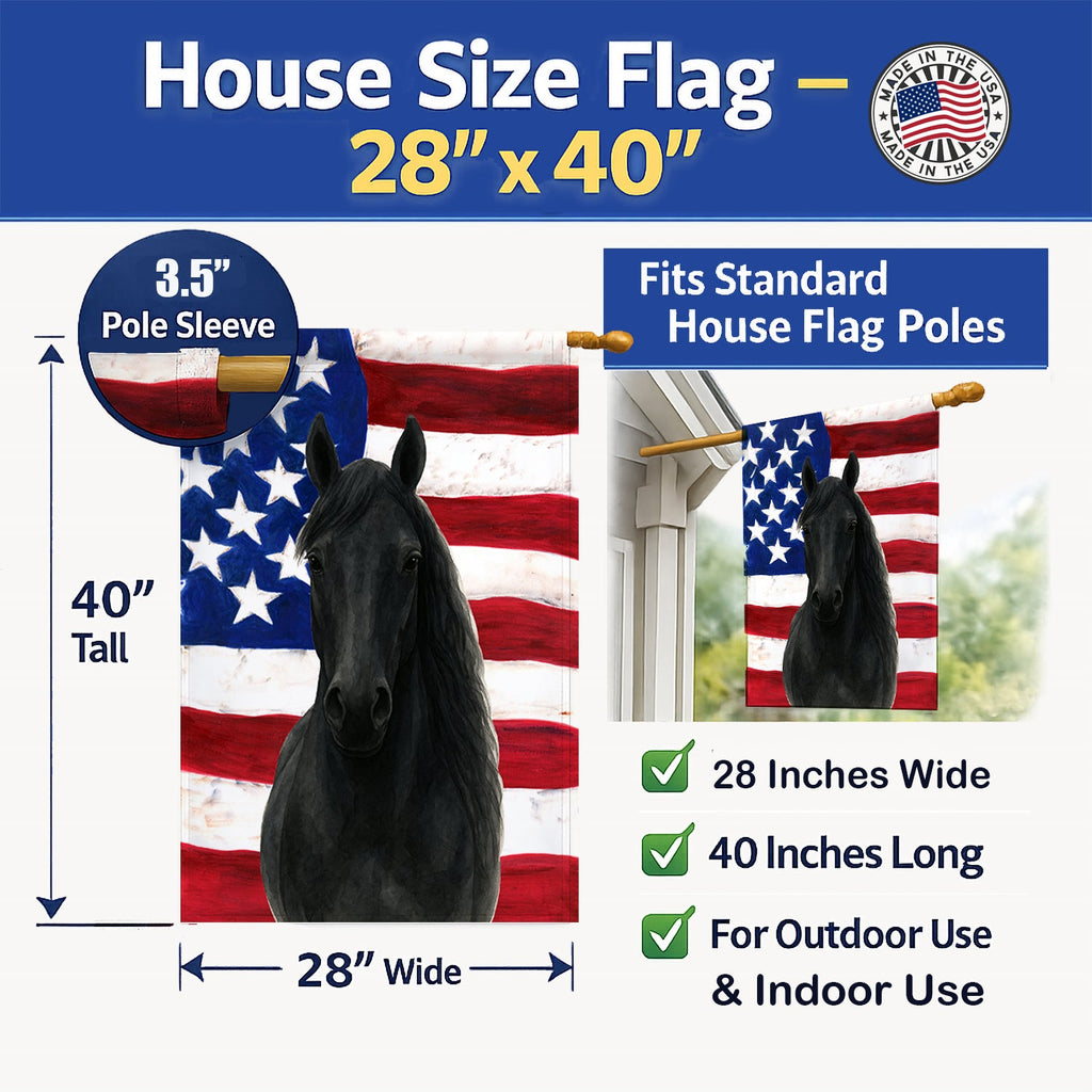 Black Morgan Horse American House Flag 28x40 Porch Sleeve Pole Decorative Outside Yard Banner Artwork Wall Hanging, Polyester