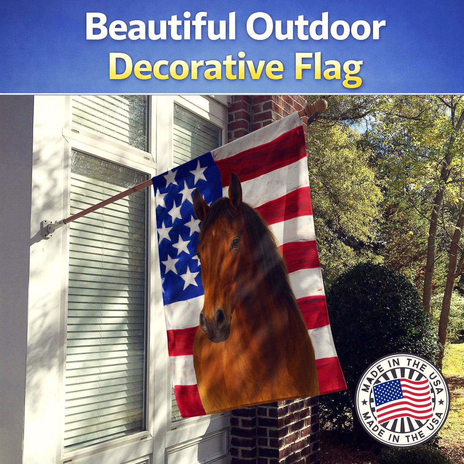 Bay Mustang Horse American House Flag 28x40 Porch Sleeve Pole Decorative Outside Yard Banner Artwork Wall Hanging, Polyester