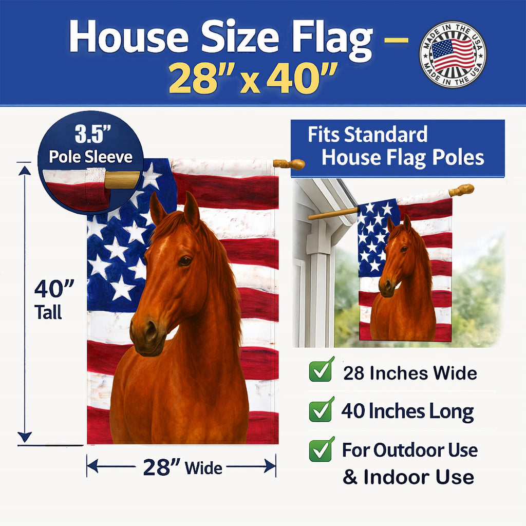 Chestnut Mustang Horse American House Flag 28x40 Porch Sleeve Pole Decorative Outside Yard Banner Artwork Wall Hanging, Polyester