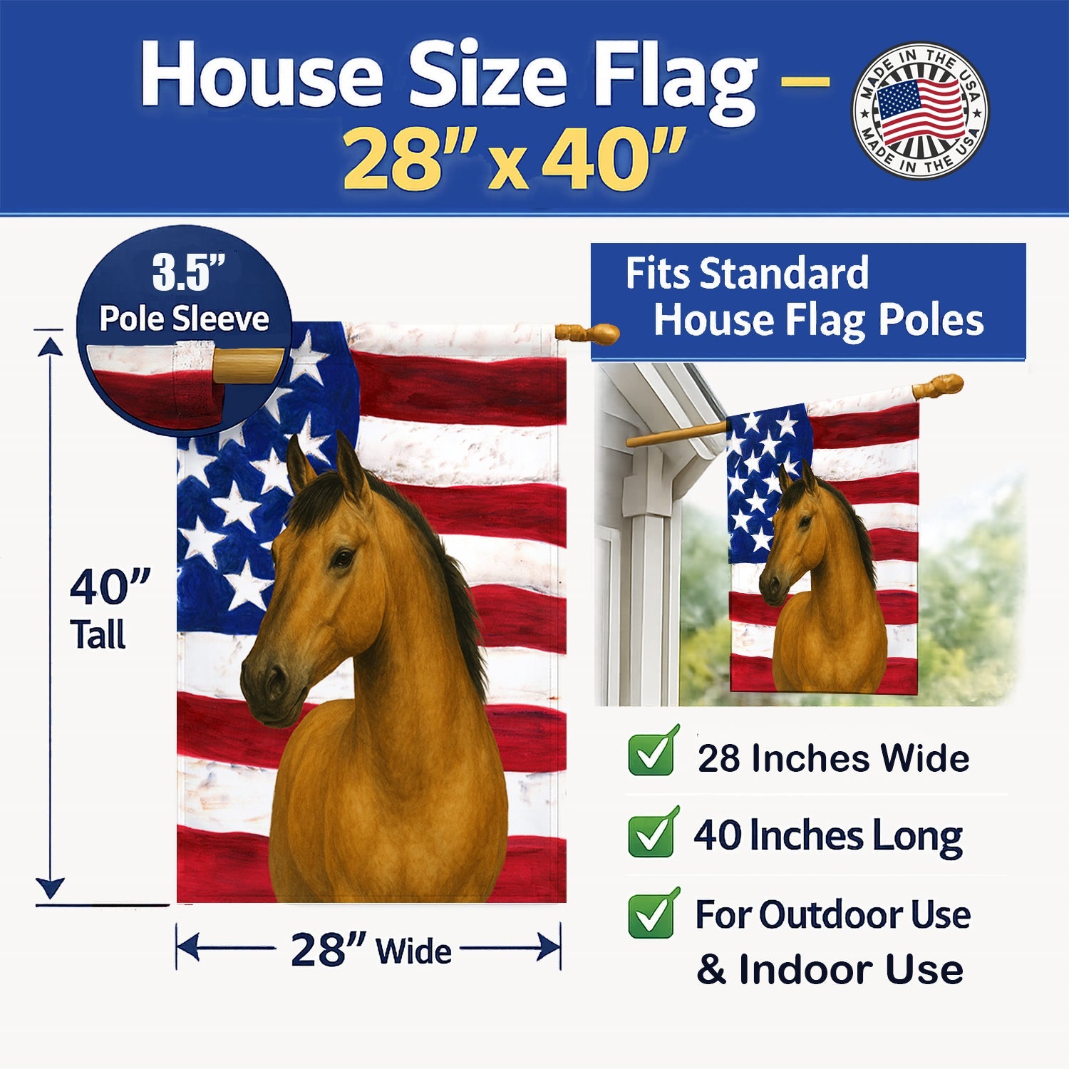 Dun Mustang Horse American House Flag 28x40 Porch Sleeve Pole Decorative Outside Yard Banner Artwork Wall Hanging, Polyester