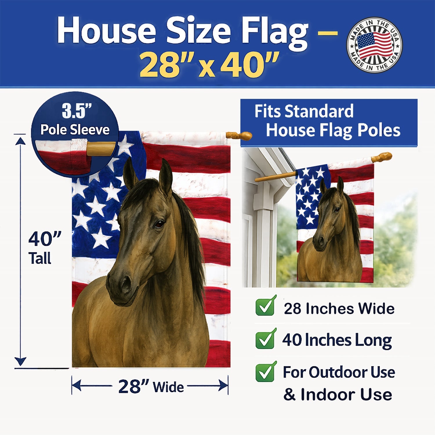 Grulla Mustang Horse American House Flag 28x40 Porch Sleeve Pole Decorative Outside Yard Banner Artwork Wall Hanging, Polyester