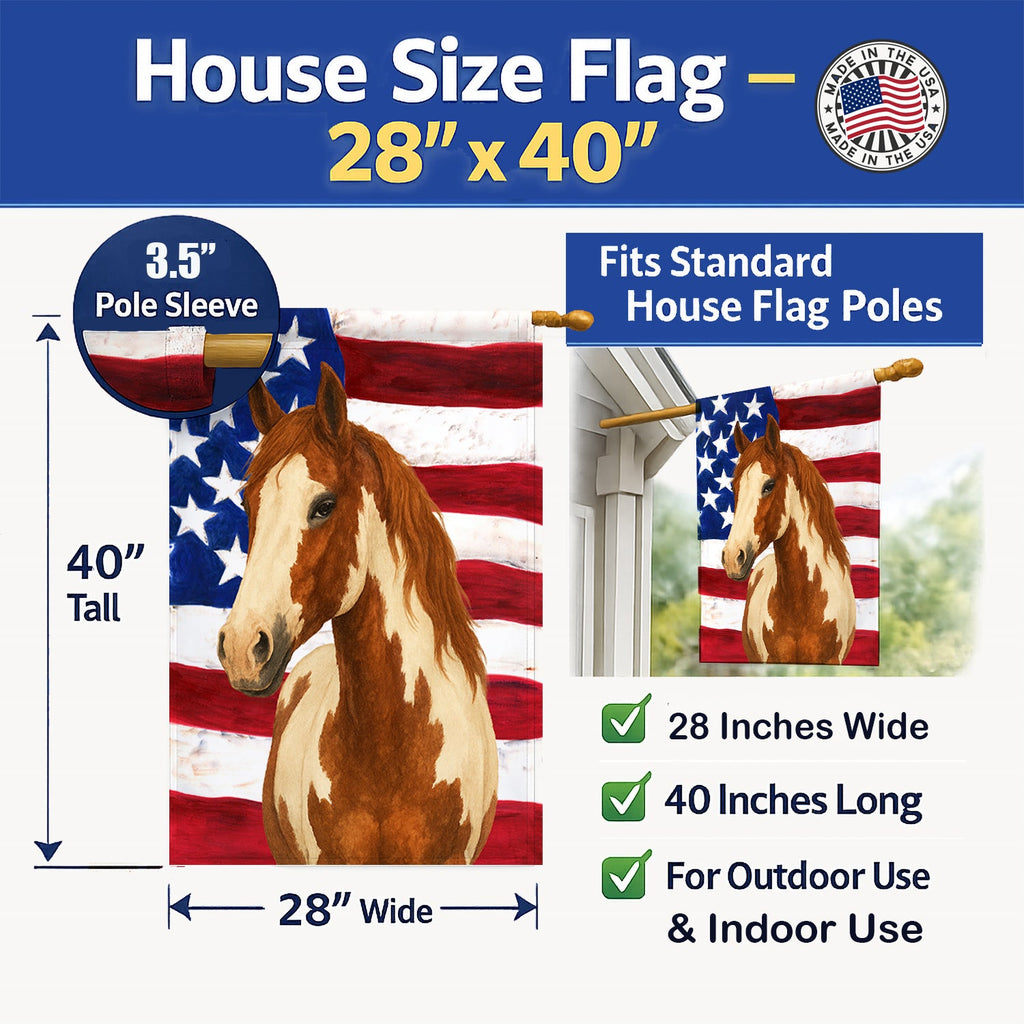 Chestnut Overo Paint Horse American House Flag 28x40 Porch Sleeve Pole Decorative Outside Yard Banner Artwork Wall Hanging, Polyester