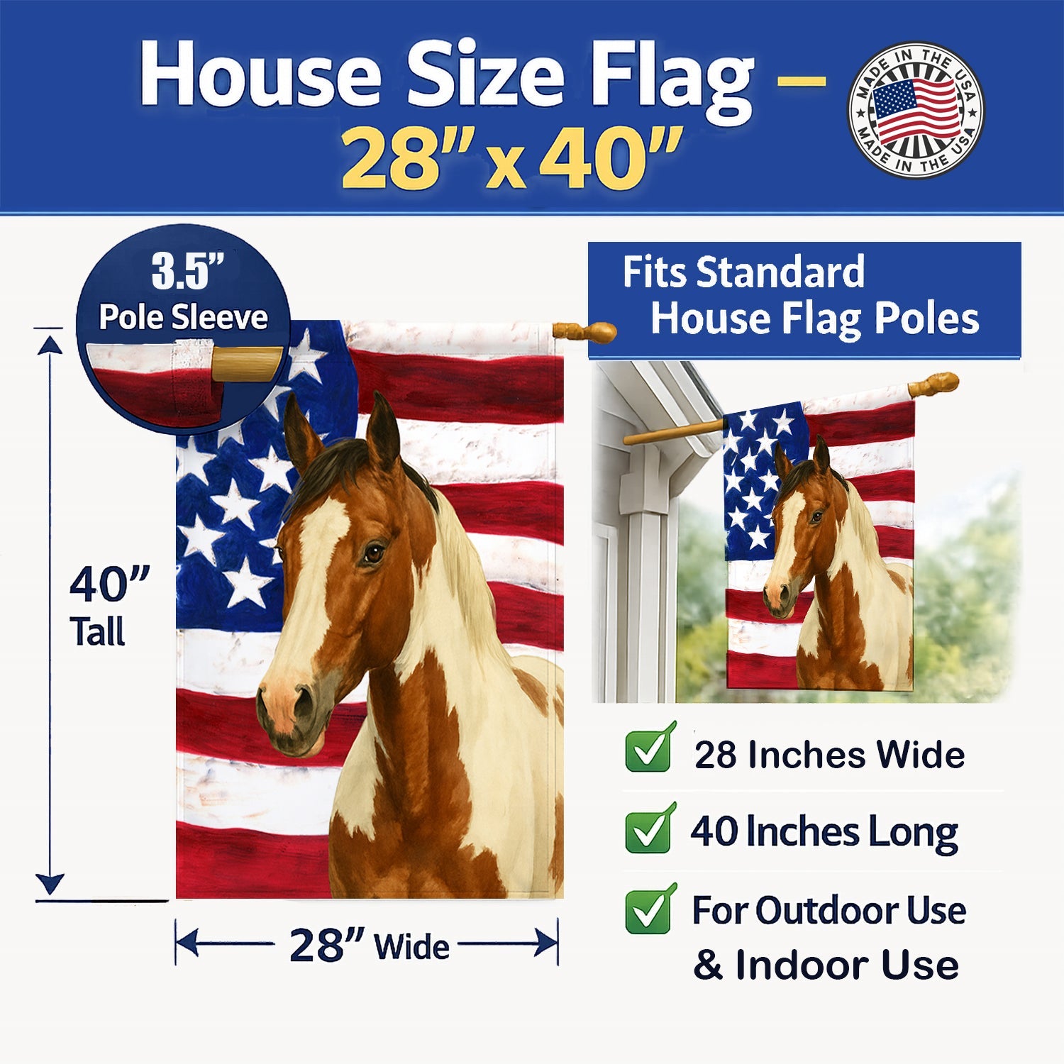 Bay Sabino Paint Horse American House Flag 28x40 Porch Sleeve Pole Decorative Outside Yard Banner Artwork Wall Hanging, Polyester