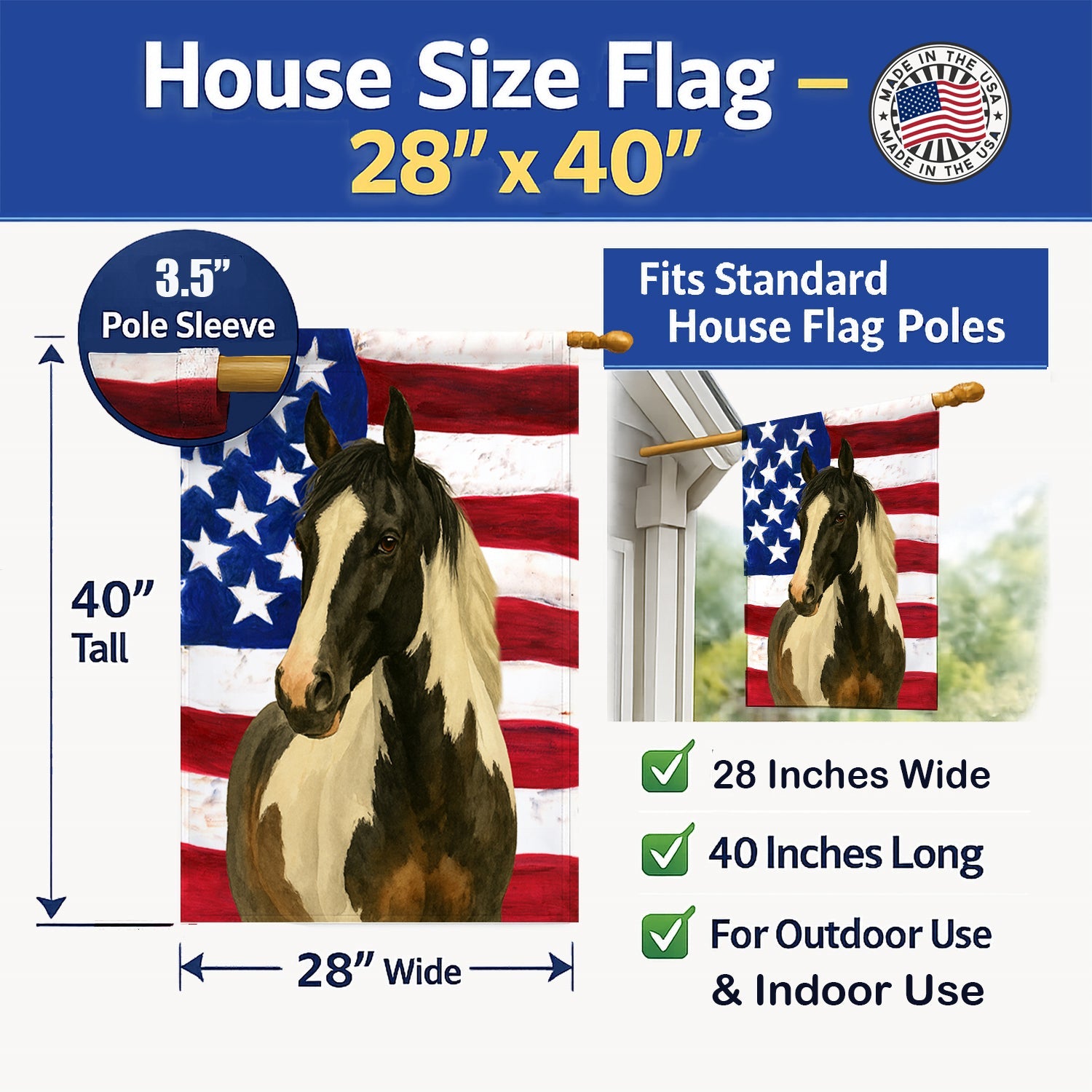 Black Tobiano Paint Horse American House Flag 28x40 Porch Sleeve Pole Decorative Outside Yard Banner Artwork Wall Hanging, Polyester
