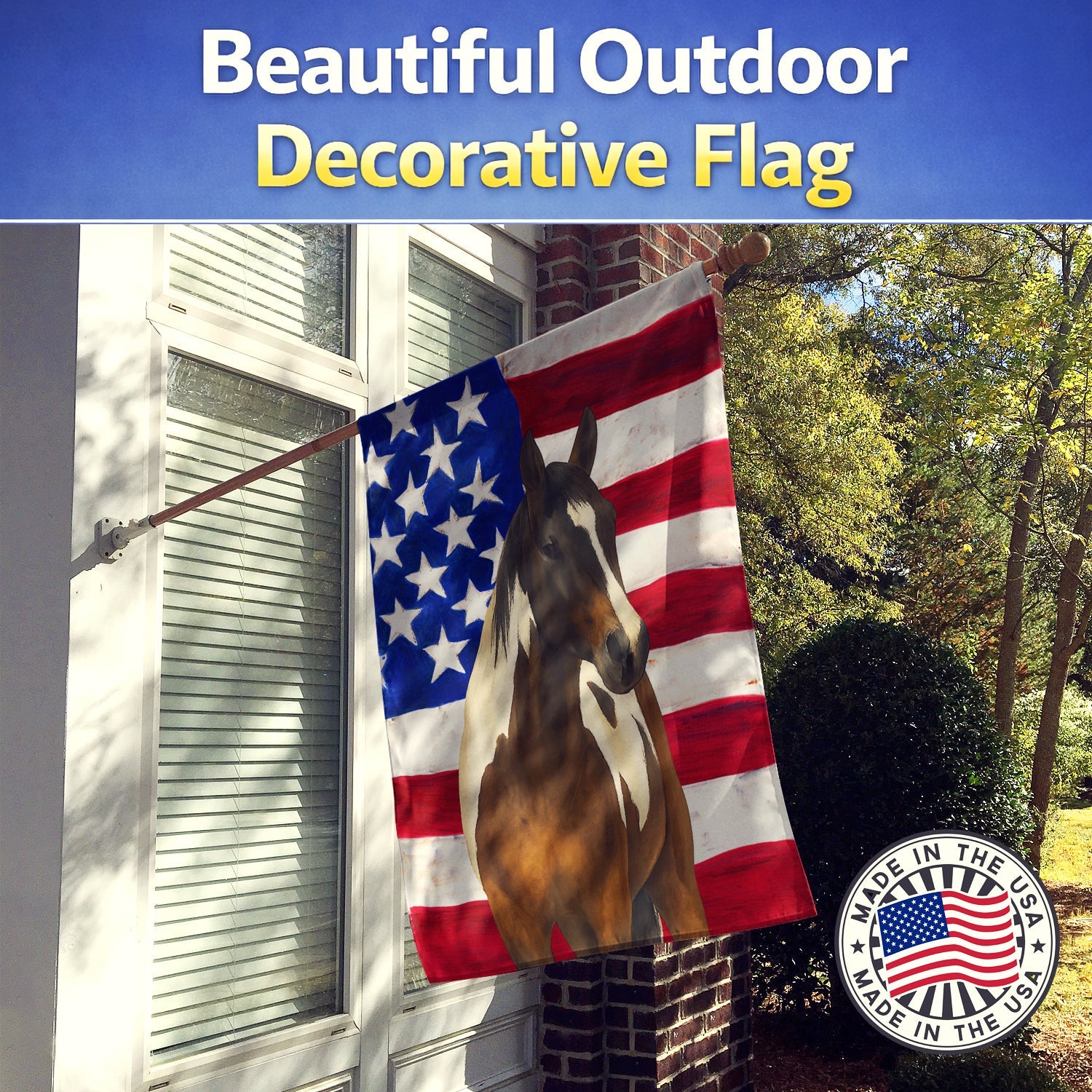 Tobiano Paint Horse American House Flag 28x40 Porch Sleeve Pole Decorative Outside Yard Banner Artwork Wall Hanging, Polyester