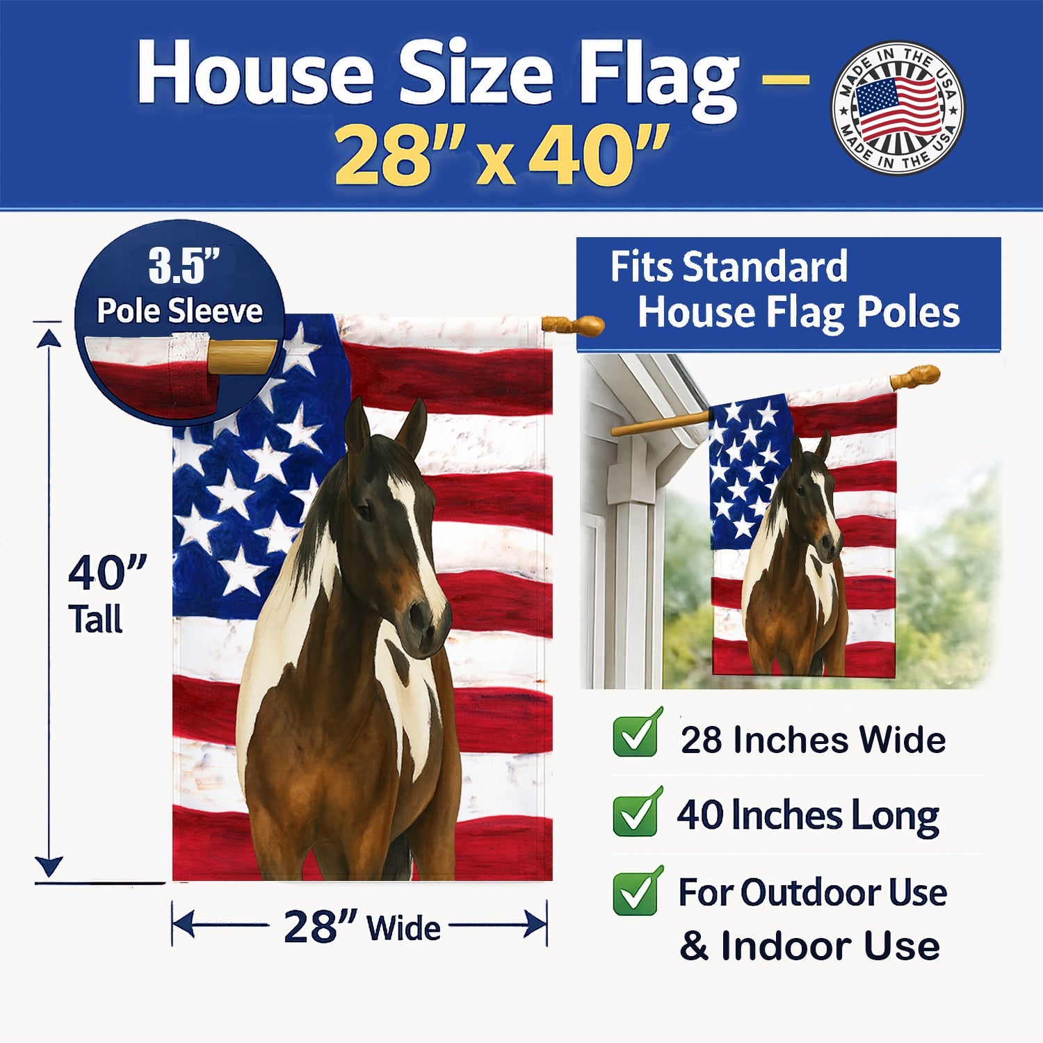 Tobiano Paint Horse American House Flag 28x40 Porch Sleeve Pole Decorative Outside Yard Banner Artwork Wall Hanging, Polyester