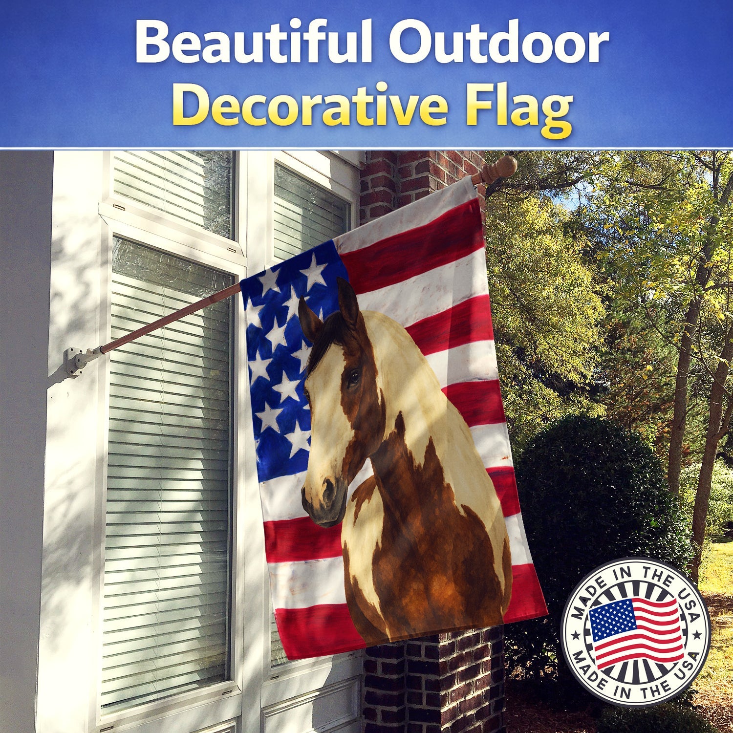 Tovero Paint Horse American House Flag 28x40 Porch Sleeve Pole Decorative Outside Yard Banner Artwork Wall Hanging, Polyester