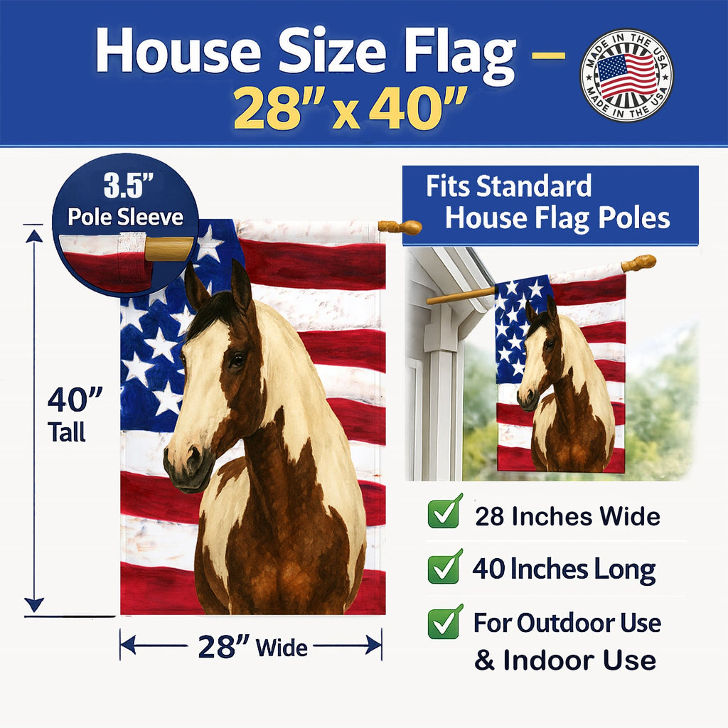 Tovero Paint Horse American House Flag 28x40 Porch Sleeve Pole Decorative Outside Yard Banner Artwork Wall Hanging, Polyester