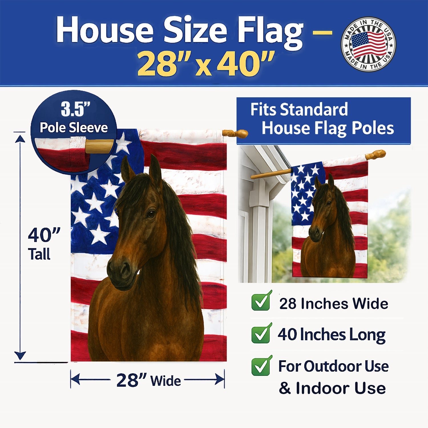 Bay Paso Fino Horse American House Flag 28x40 Porch Sleeve Pole Decorative Outside Yard Banner Artwork Wall Hanging, Polyester