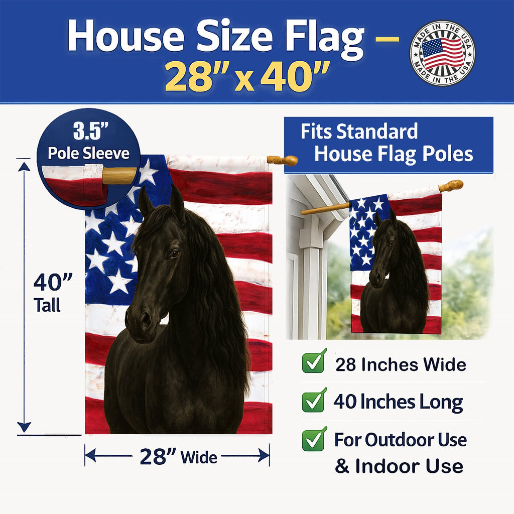 Black Paso Fino Horse American House Flag 28x40 Porch Sleeve Pole Decorative Outside Yard Banner Artwork Wall Hanging, Polyester