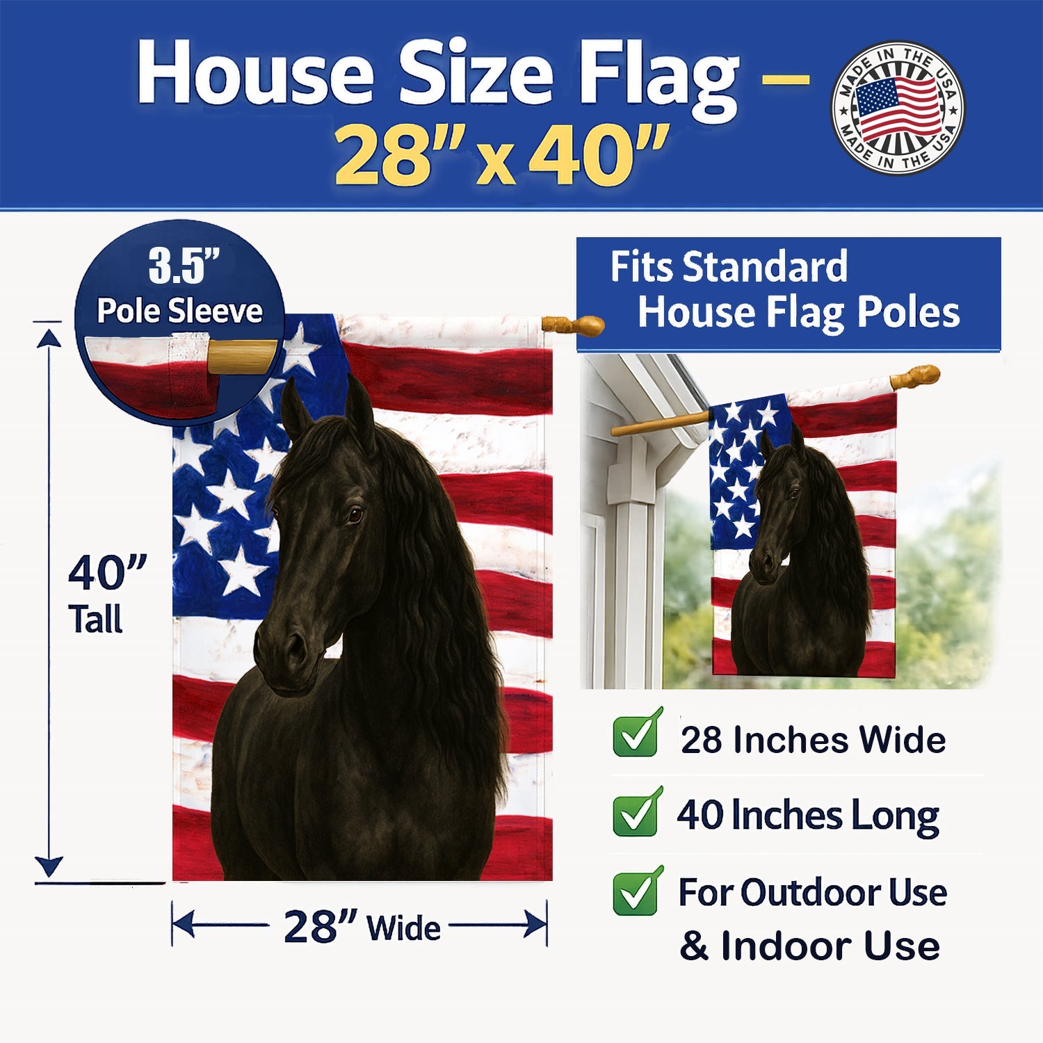 Black Paso Fino Horse American House Flag 28x40 Porch Sleeve Pole Decorative Outside Yard Banner Artwork Wall Hanging, Polyester
