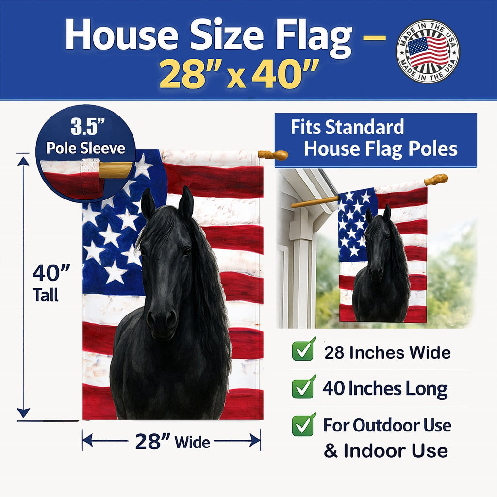 Black Percheron Horse American House Flag 28x40 Porch Sleeve Pole Decorative Outside Yard Banner Artwork Wall Hanging, Polyester