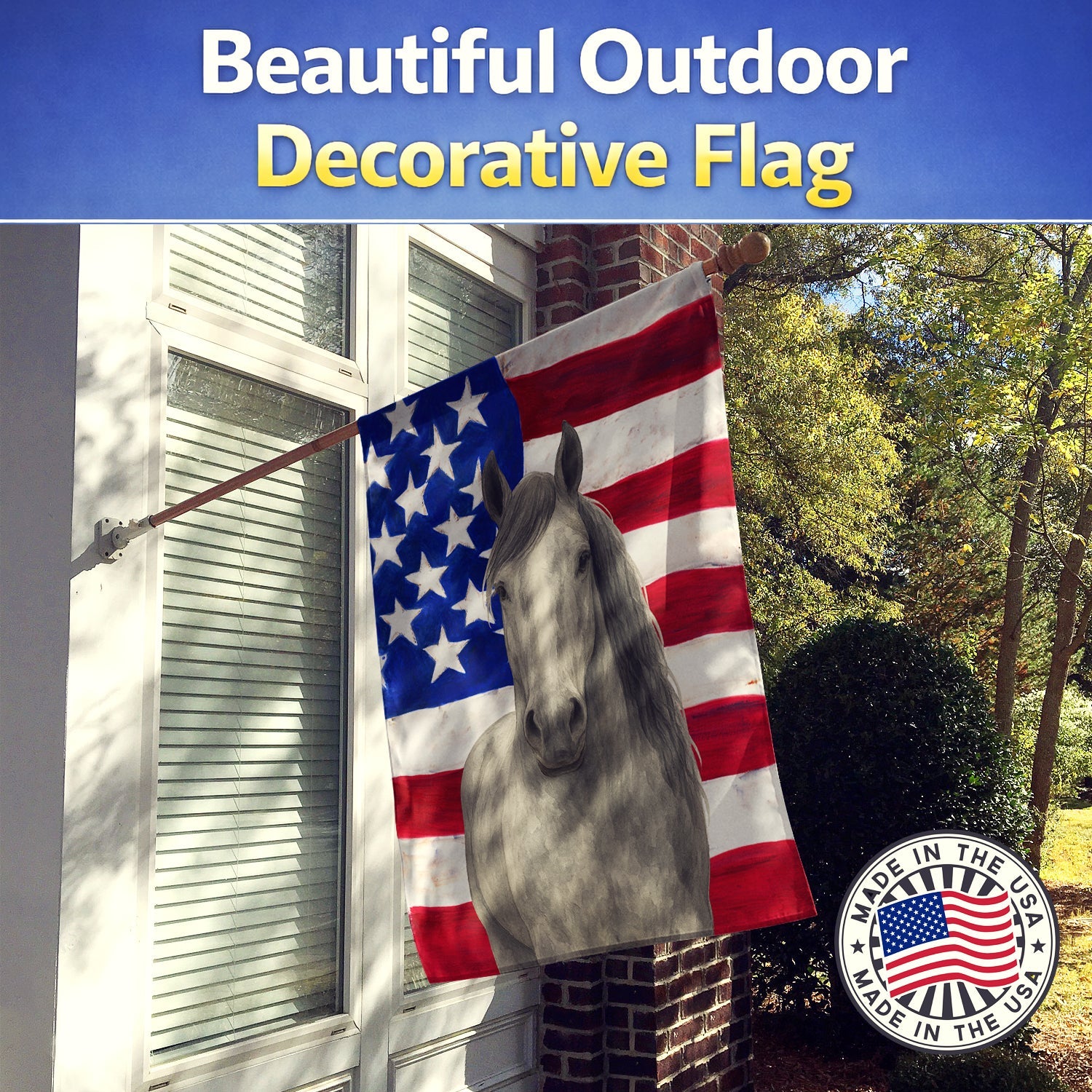 Gray Percheron Horse American House Flag 28x40 Porch Sleeve Pole Decorative Outside Yard Banner Artwork Wall Hanging, Polyester
