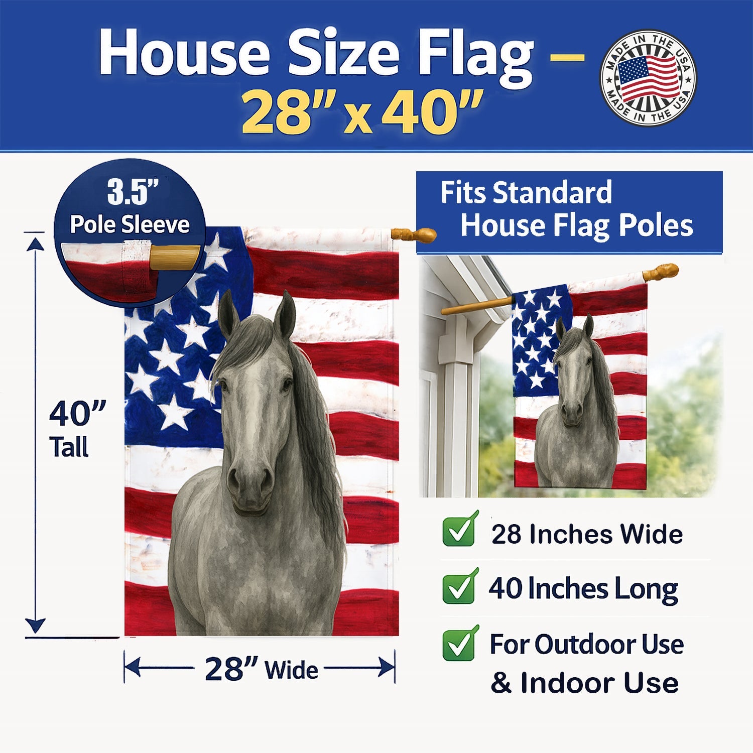 Gray Percheron Horse American House Flag 28x40 Porch Sleeve Pole Decorative Outside Yard Banner Artwork Wall Hanging, Polyester