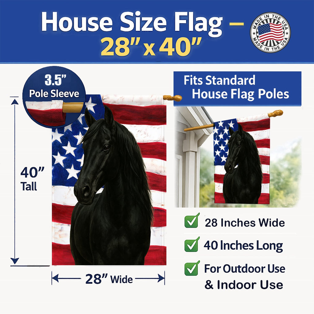 Black Rocky Mountain Horse American House Flag 28x40 Porch Sleeve Pole Decorative Outside Yard Banner Artwork Wall Hanging, Polyester