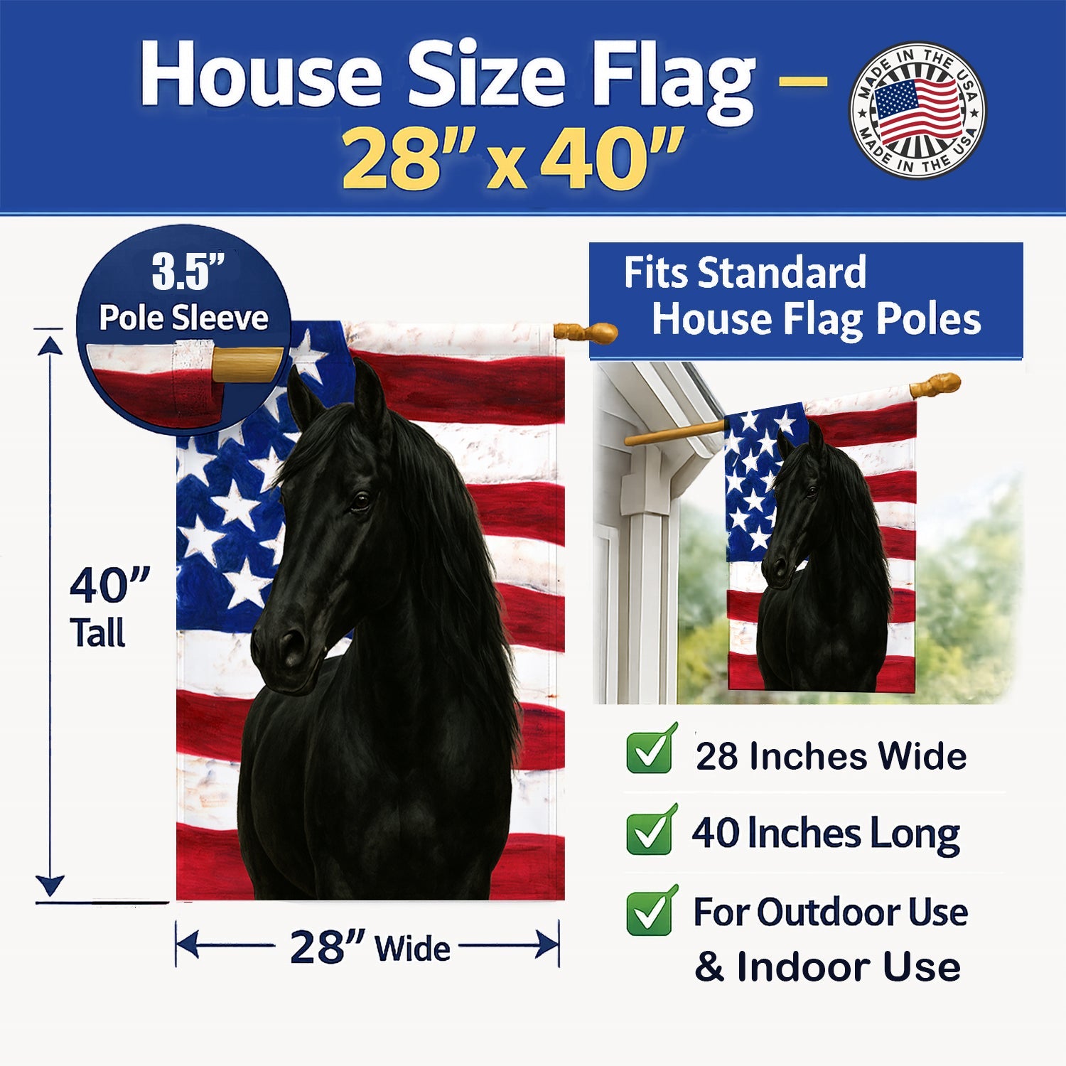 Black Rocky Mountain Horse American House Flag 28x40 Porch Sleeve Pole Decorative Outside Yard Banner Artwork Wall Hanging, Polyester