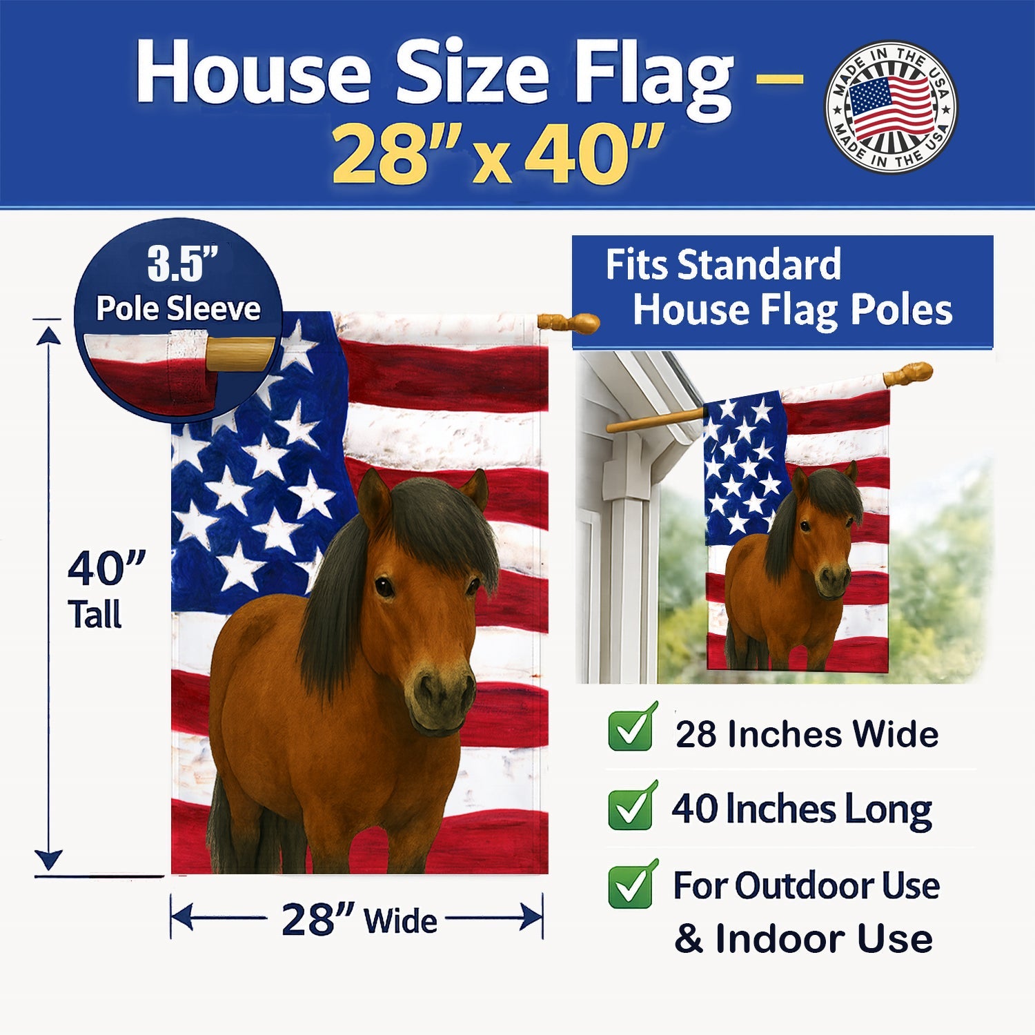 Bay Shetland Pony American House Flag 28x40 Porch Sleeve Pole Decorative Outside Yard Banner Artwork Wall Hanging, Polyester