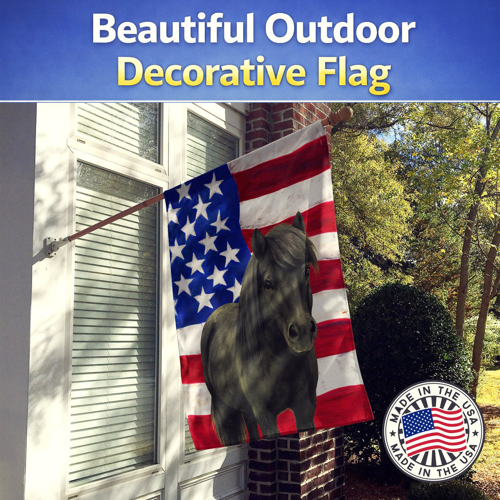 Black Shetland Pony American House Flag 28x40 Porch Sleeve Pole Decorative Outside Yard Banner Artwork Wall Hanging, Polyester