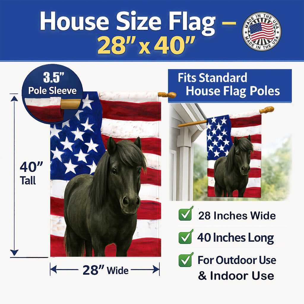 Black Shetland Pony American House Flag 28x40 Porch Sleeve Pole Decorative Outside Yard Banner Artwork Wall Hanging, Polyester