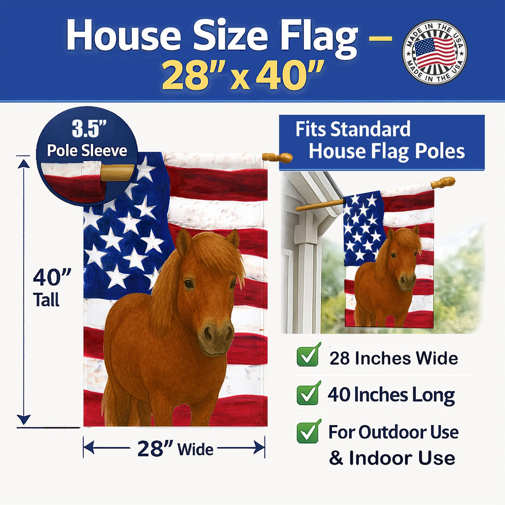 Chestnut Shetland Pony American House Flag 28x40 Porch Sleeve Pole Decorative Outside Yard Banner Artwork Wall Hanging, Polyester