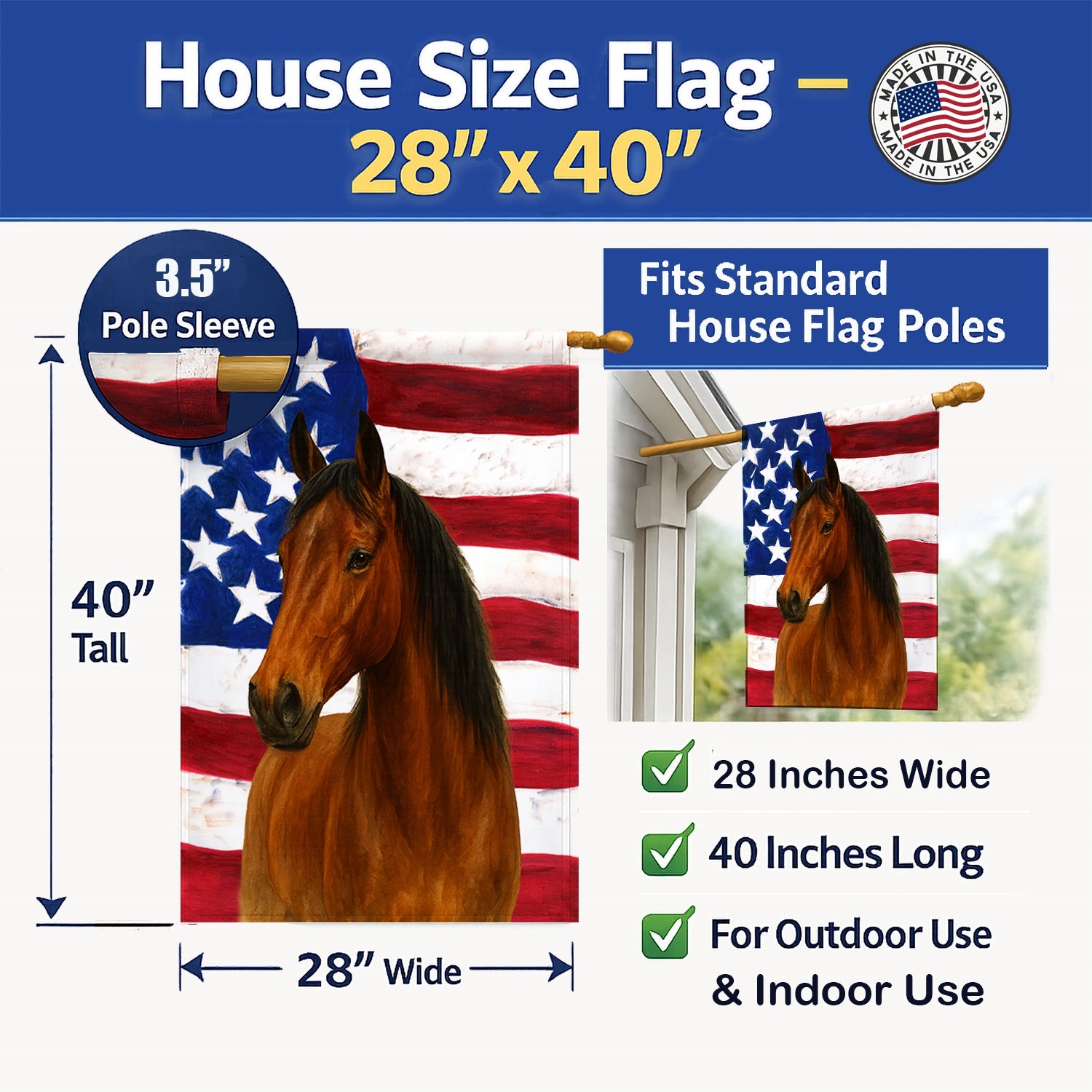 Bay Tennessee Walking Horse American House Flag 28x40 Porch Sleeve Pole Decorative Outside Yard Banner Artwork Wall Hanging, Polyester
