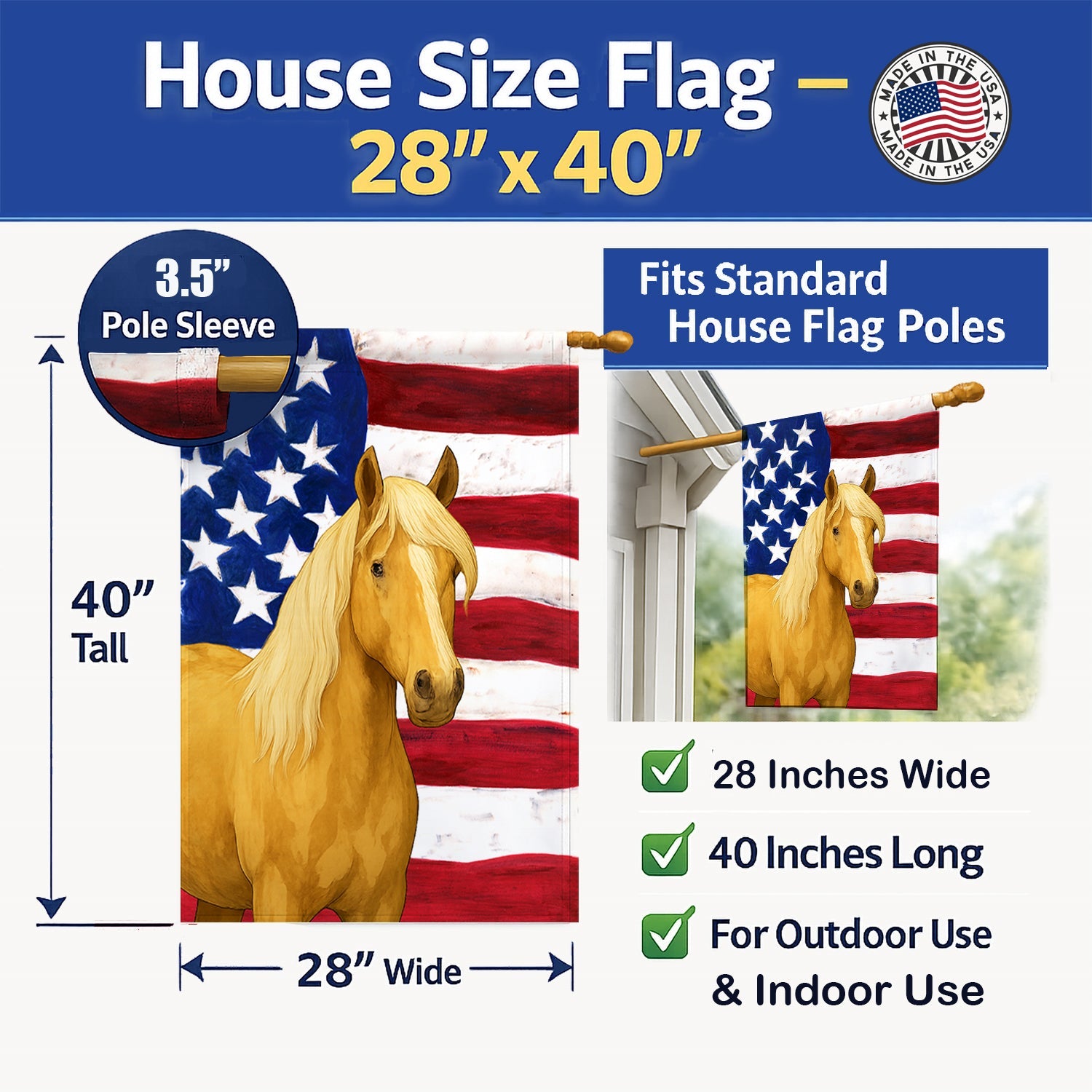 Palomino Tennessee Walking Horse American House Flag 28x40 Porch Sleeve Pole Decorative Outside Yard Banner Artwork Wall Hanging, Polyester