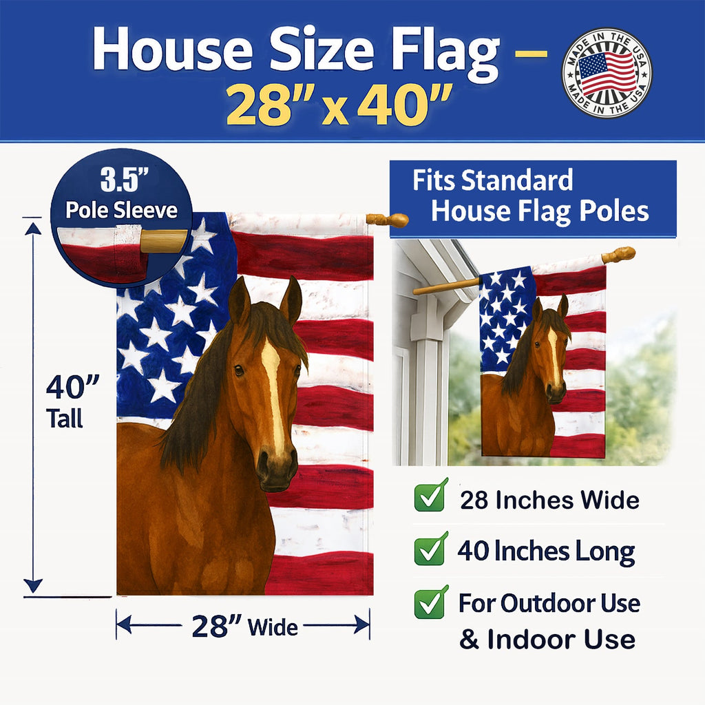 Bay Thoroughbred Horse American House Flag 28x40 Porch Sleeve Pole Decorative Outside Yard Banner Artwork Wall Hanging, Polyester
