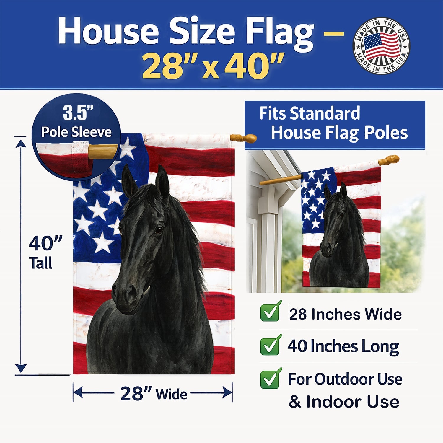 Black Thoroughbred Horse American House Flag 28x40 Porch Sleeve Pole Decorative Outside Yard Banner Artwork Wall Hanging, Polyester