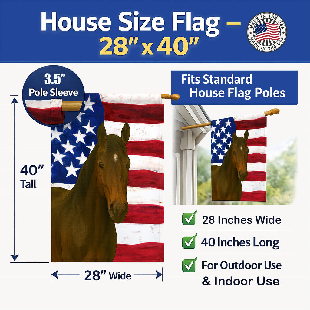 Dark Bay Thoroughbred Horse American House Flag 28x40 Porch Sleeve Pole Decorative Outside Yard Banner Artwork Wall Hanging, Polyester