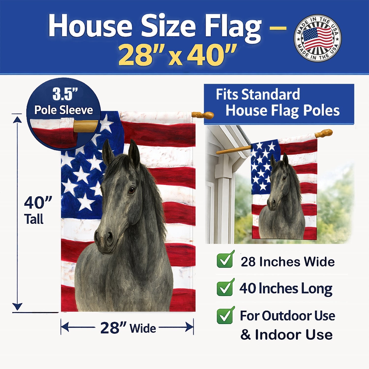 Gray Thoroughbred Horse American House Flag 28x40 Porch Sleeve Pole Decorative Outside Yard Banner Artwork Wall Hanging, Polyester