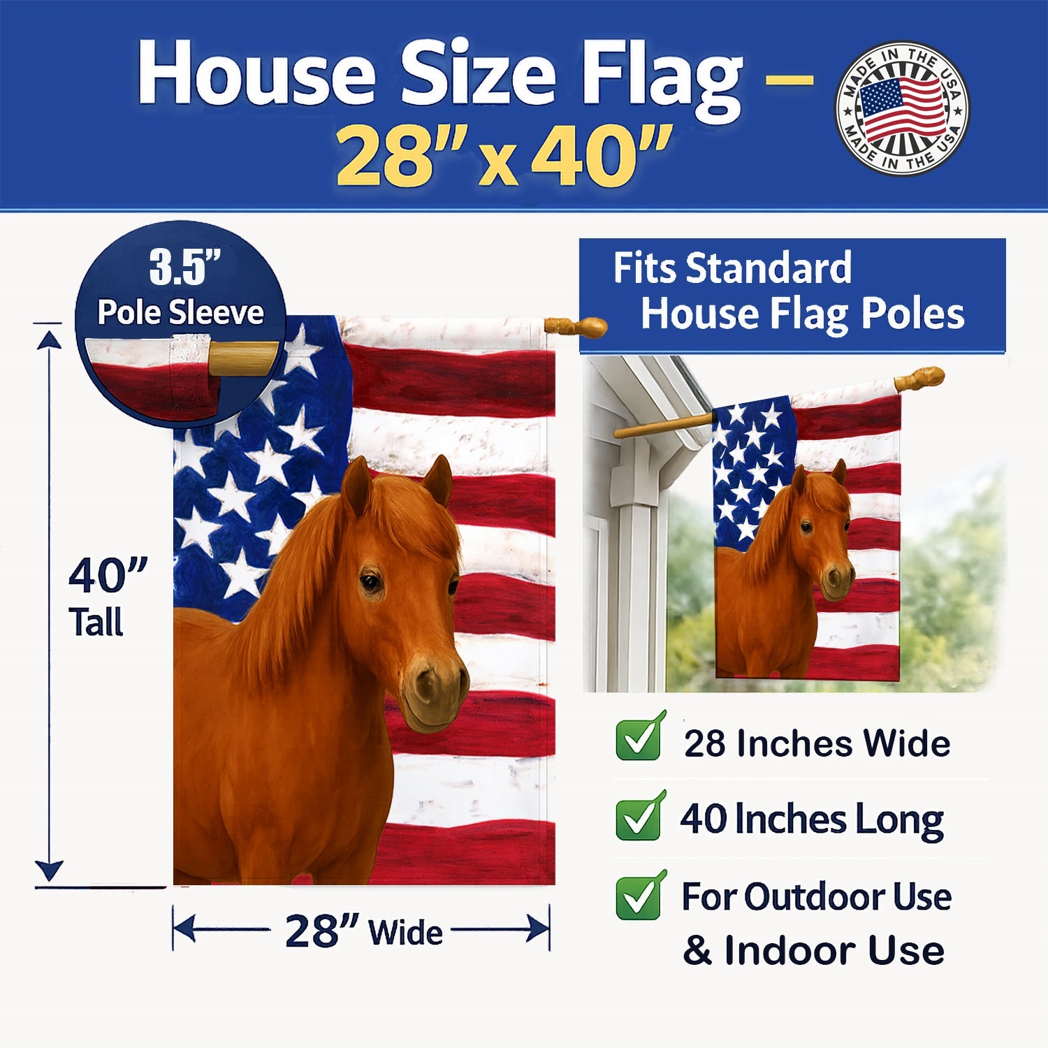 Chestnut Welsh Pony American House Flag 28x40 Porch Sleeve Pole Decorative Outside Yard Banner Artwork Wall Hanging, Polyester