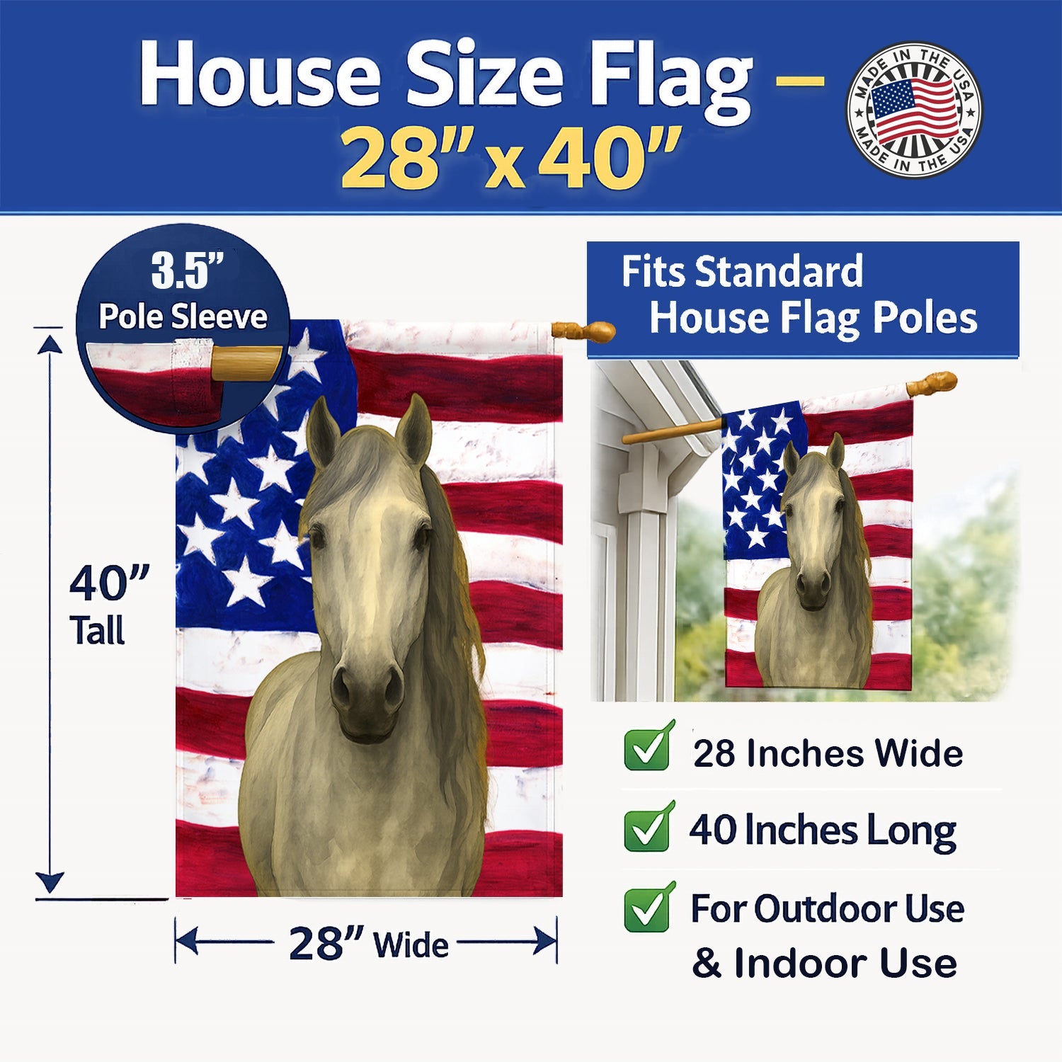Gray Welsh Pony American House Flag 28x40 Porch Sleeve Pole Decorative Outside Yard Banner Artwork Wall Hanging, Polyester