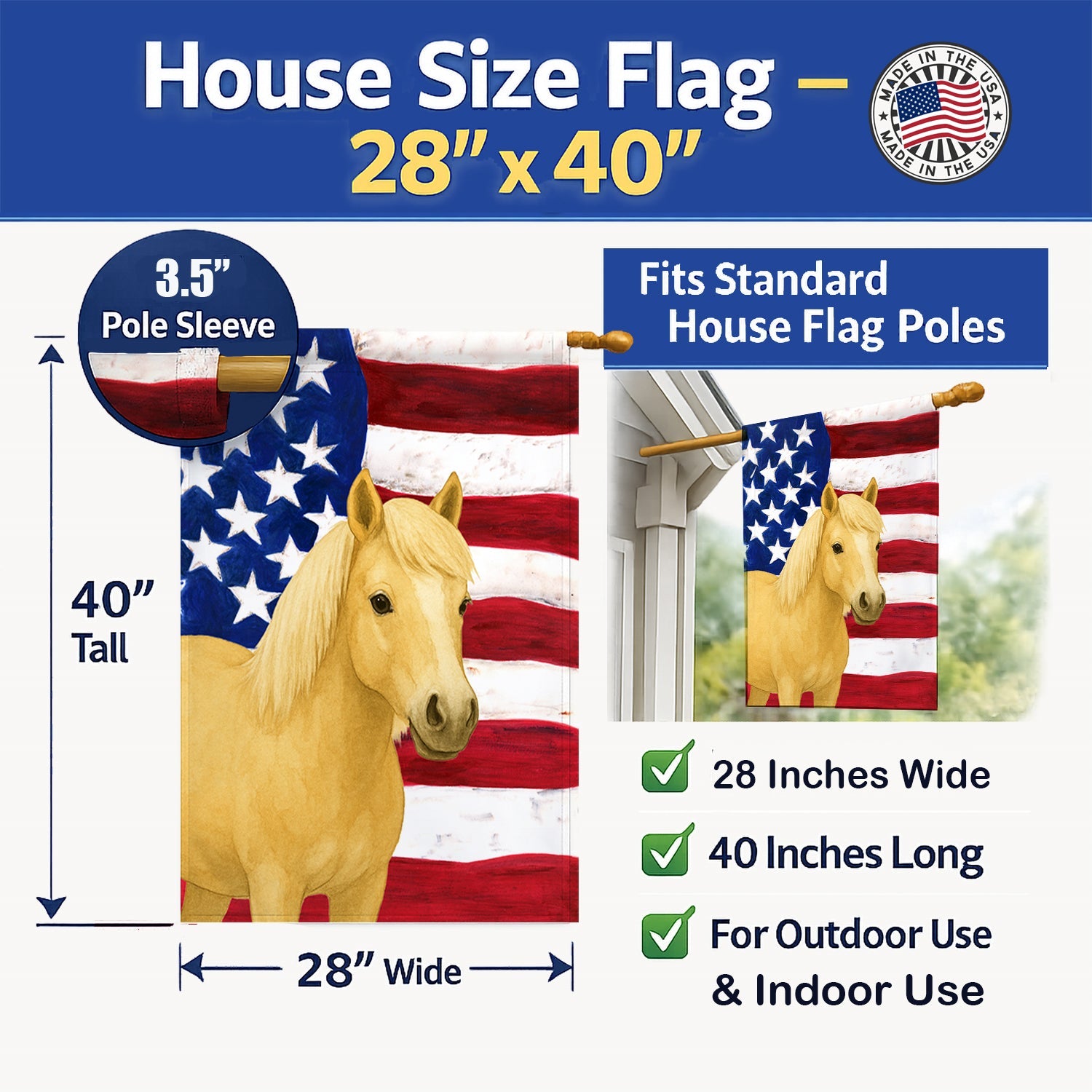Palomino Welsh Pony American House Flag 28x40 Porch Sleeve Pole Decorative Outside Yard Banner Artwork Wall Hanging, Polyester