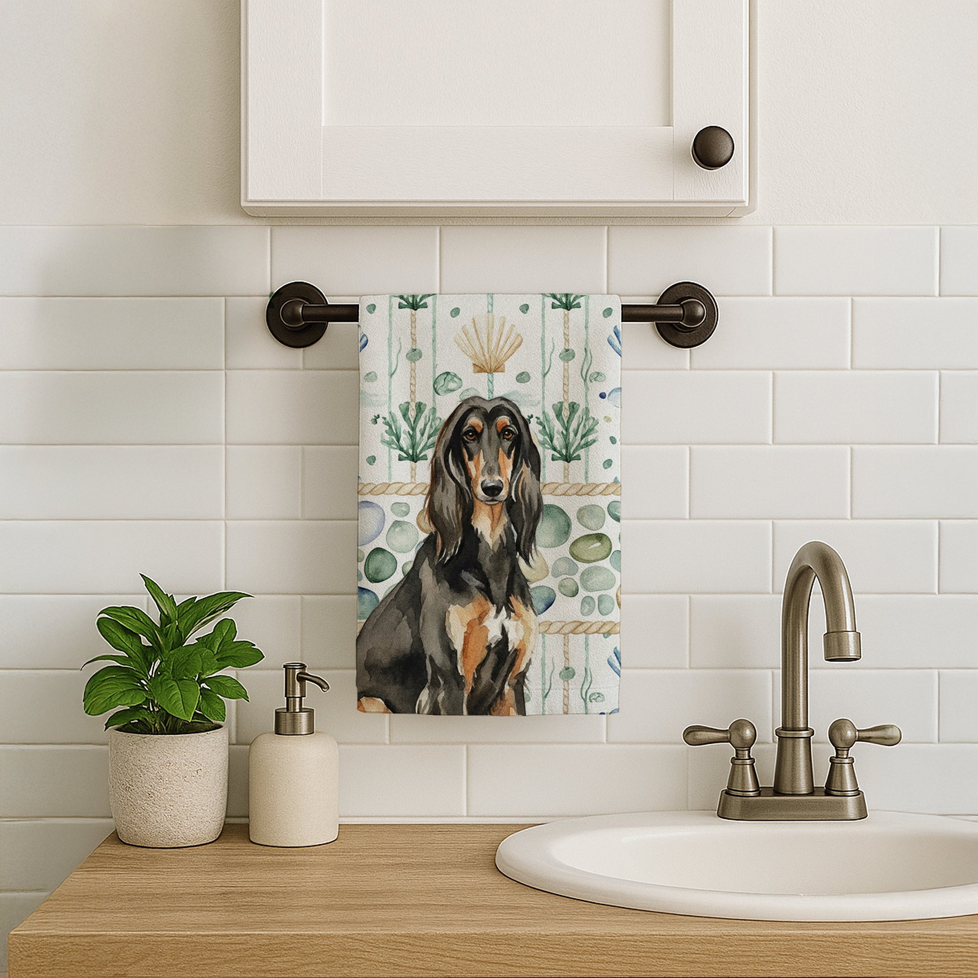 Black & Tan Afghan Hound Coastal Sea Glass Kitchen Towel Velour Plush Front and Cotton Loop Back Machine Washable