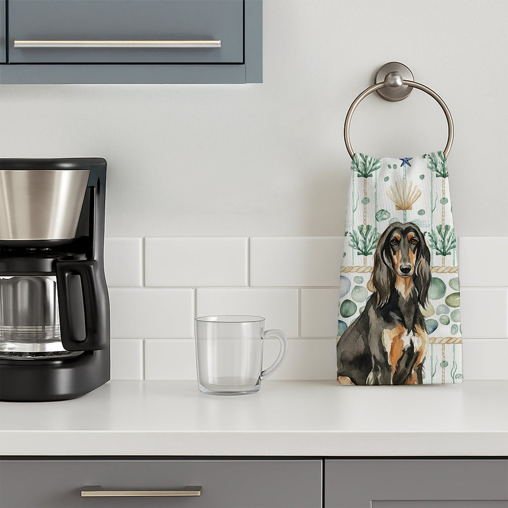 Black & Tan Afghan Hound Coastal Sea Glass Kitchen Towel Velour Plush Front and Cotton Loop Back Machine Washable