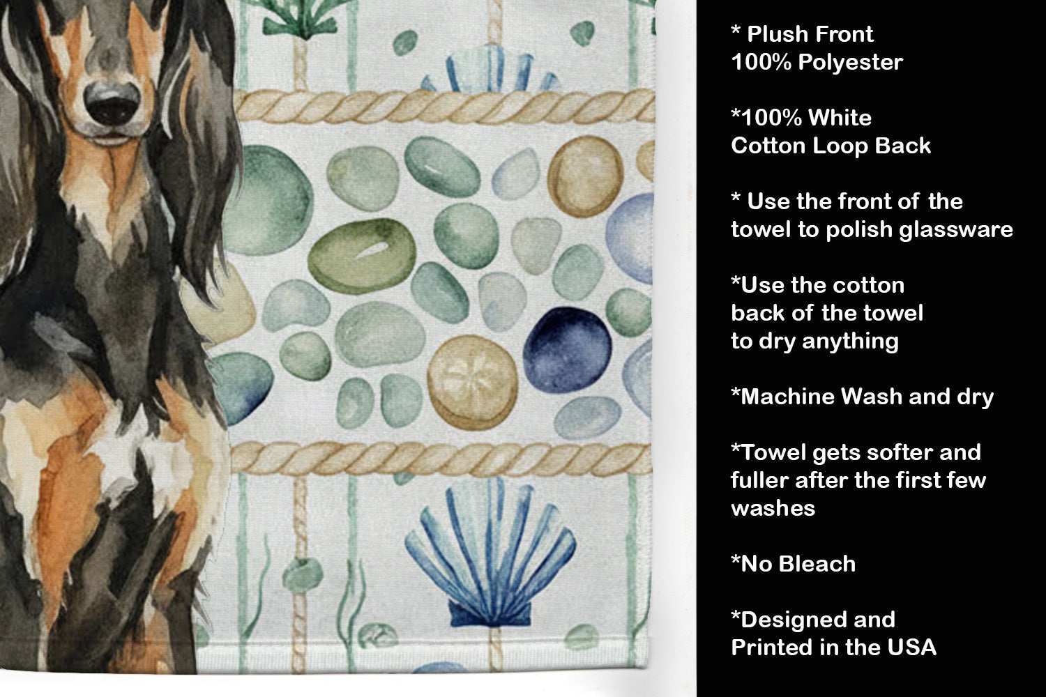 Black & Tan Afghan Hound Coastal Sea Glass Kitchen Towel Velour Plush Front and Cotton Loop Back Machine Washable