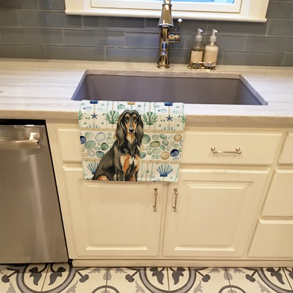 Black & Tan Afghan Hound Coastal Sea Glass Kitchen Towel Velour Plush Front and Cotton Loop Back Machine Washable