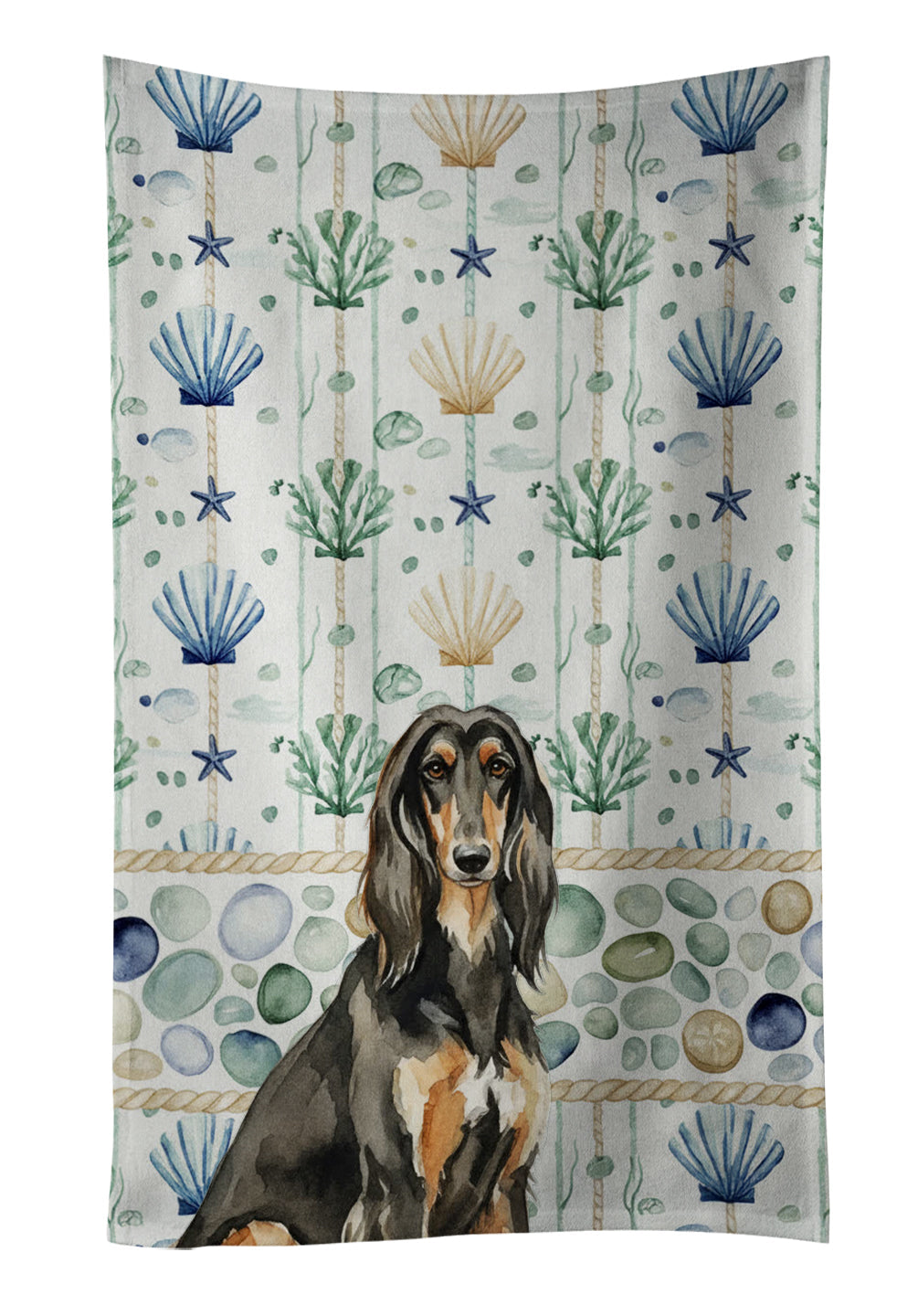 Black & Tan Afghan Hound Coastal Sea Glass Kitchen Towel Velour Plush Front and Cotton Loop Back Machine Washable