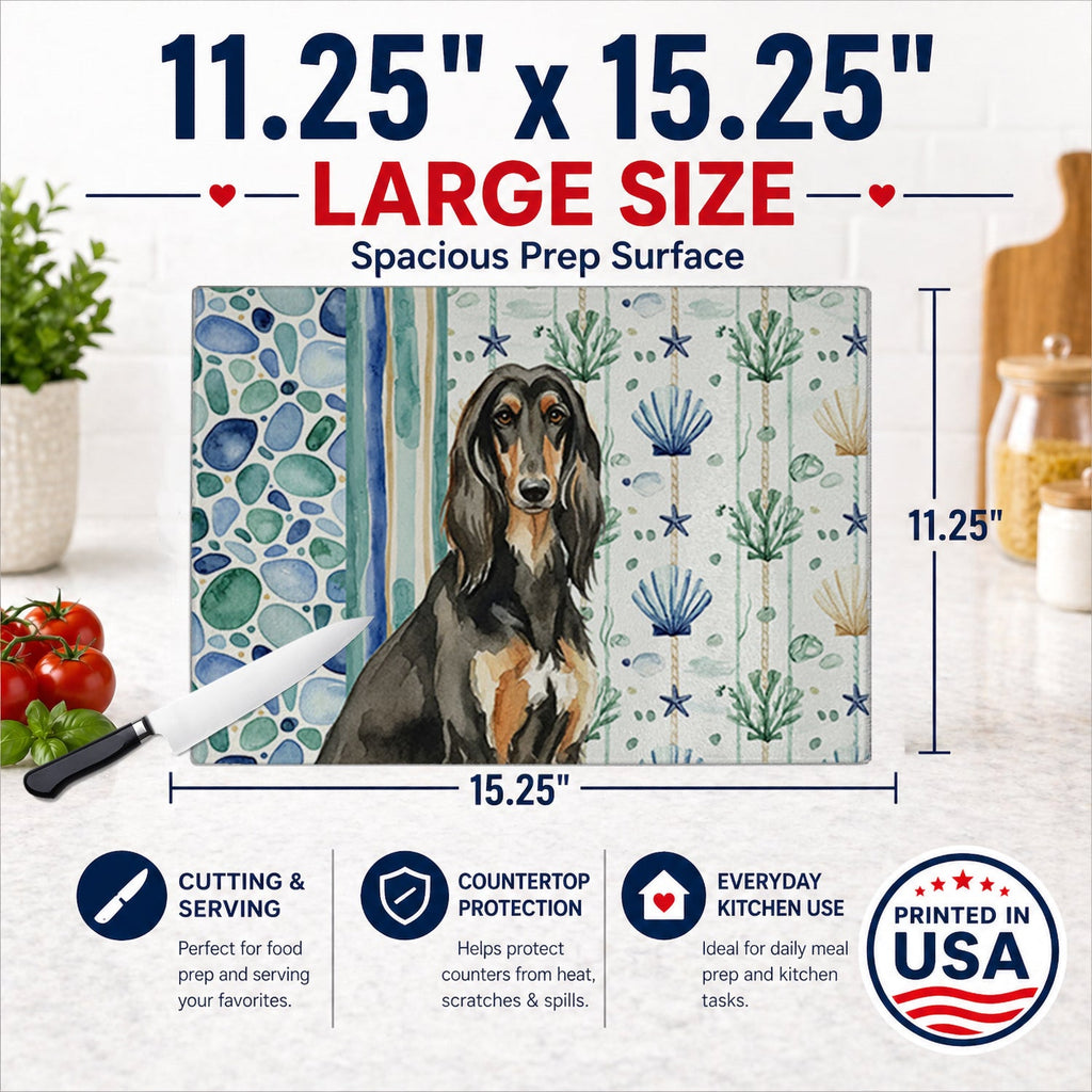 Black & Tan Afghan Hound Coastal Sea Glass Cutting Board Tempered Glass Kitchen Cutting Surface, Heat Resistant Chopping, Non-Slip Feet, Food Prep & Serving