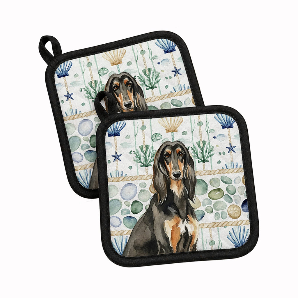 Black & Tan Afghan Hound Coastal Sea Glass Pot Holder Set of 2 Heat Resistant Quilted Hot Pads 7.5 x 7.5 Inch, Insulated Kitchen Trivets for Cooking & Baking