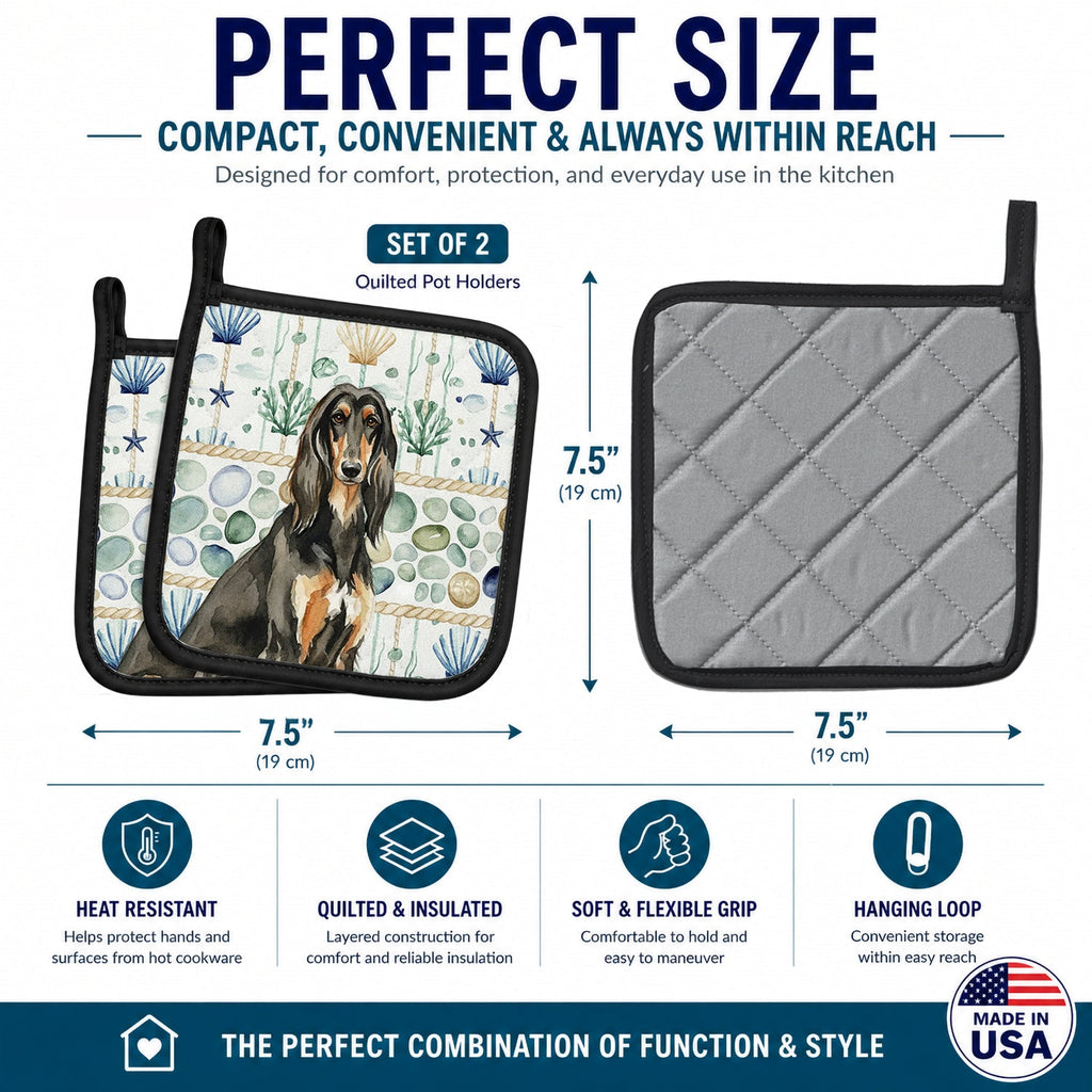 Black & Tan Afghan Hound Coastal Sea Glass Pot Holder Set of 2 Heat Resistant Quilted Hot Pads 7.5 x 7.5 Inch, Insulated Kitchen Trivets for Cooking & Baking