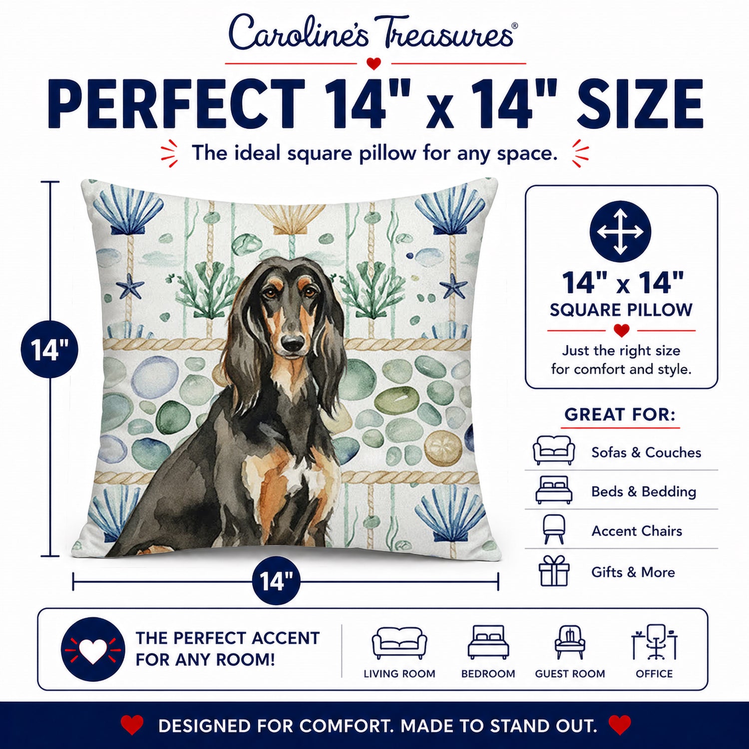 Black & Tan Afghan Hound Coastal Sea Glass Decorative Throw Pillow 14x14 Indoor Outdoor Accent Cushion, Fabric Cover with Insert for Sofa, Bed, Porch & Living Room